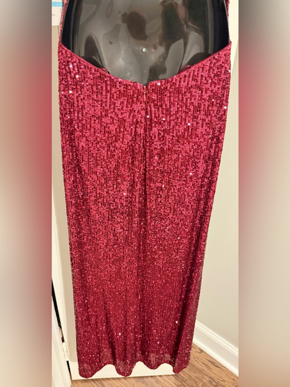 NWT Morgan & Co Sequin High Neck Keyhole Open Back Formal Evening Gown Merlot 5 - Picture 8 of 15
